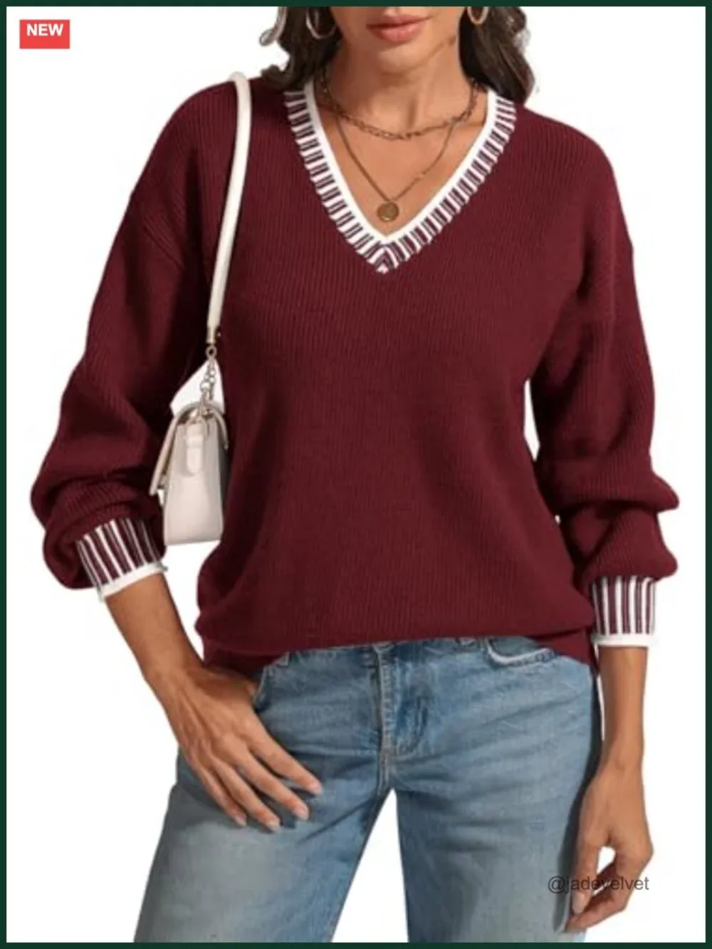 Viscose Blend V-Neck Long Sleeve Chunky Knit Pullover Sweater Color Block